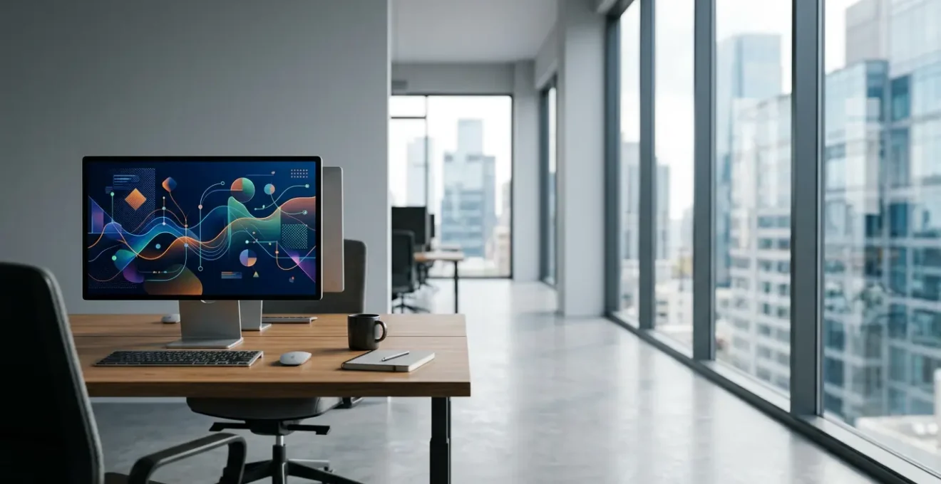 Modern business professional reviewing automated financial systems on multiple displays showing revenue analytics and payment flows
