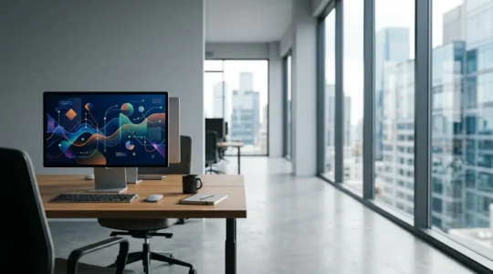 Modern business professional reviewing automated financial systems on multiple displays showing revenue analytics and payment flows