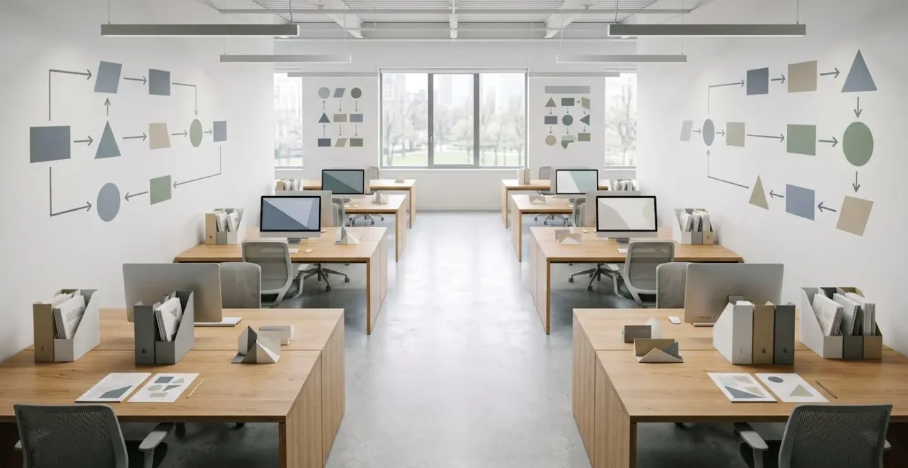 Wide angle view of modern office showing automated digital workflow environment