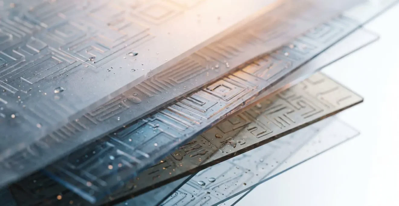 Close-up editorial photograph showing abstract representation of automated financial reconciliation with layered transparent materials and subtle currency patterns