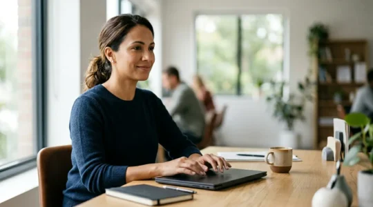 Focused accounting professional working efficiently during tax season with automated systems