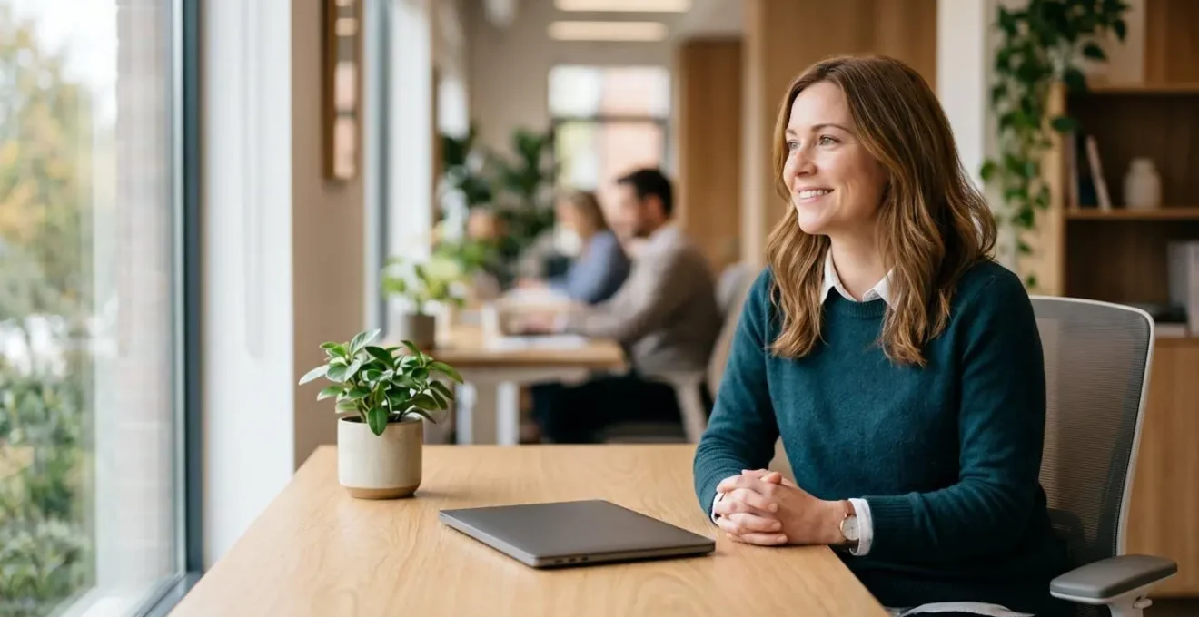 A confident bookkeeper looking out a window, symbolizing the shift from data entry clerk to strategic financial analyst.