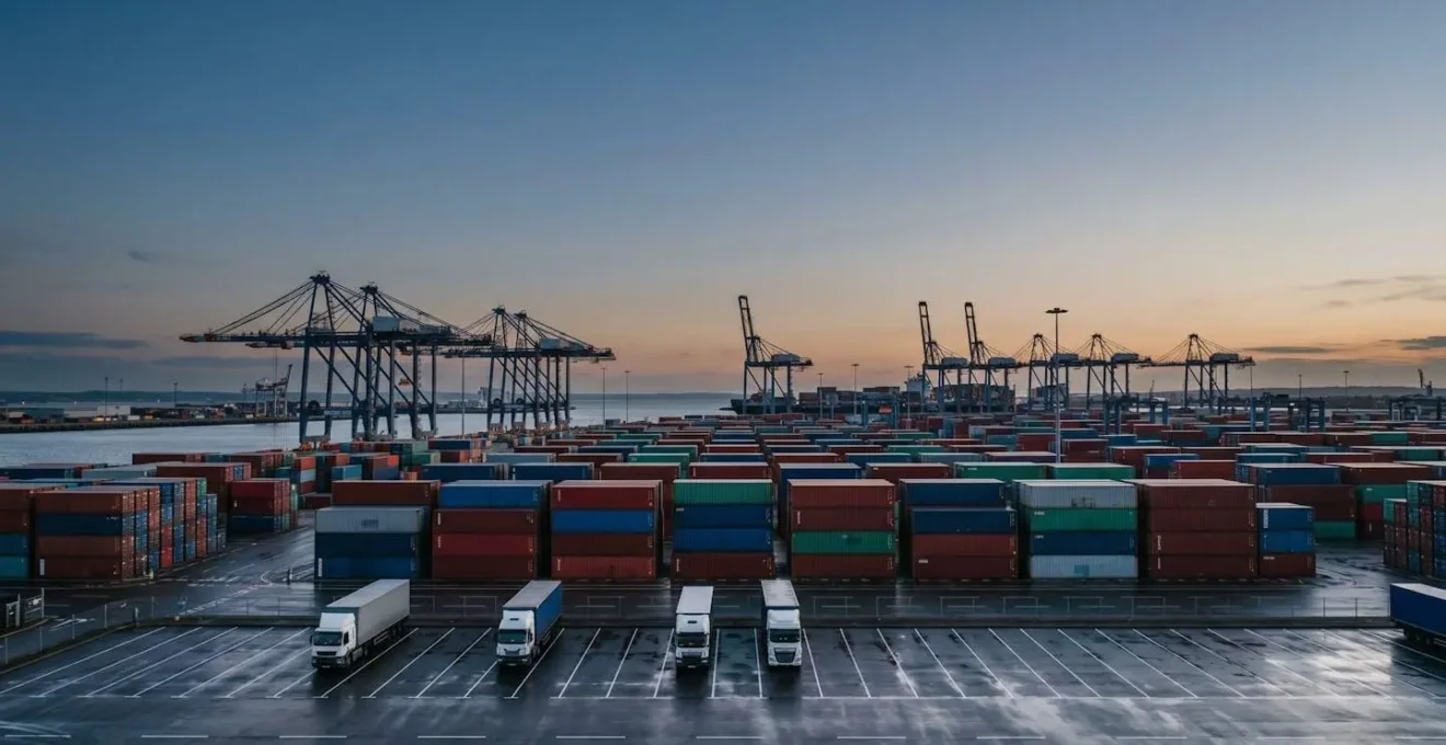 Wide atmospheric shot of UK logistics infrastructure with natural lighting and minimalist composition showing scale and environmental context
