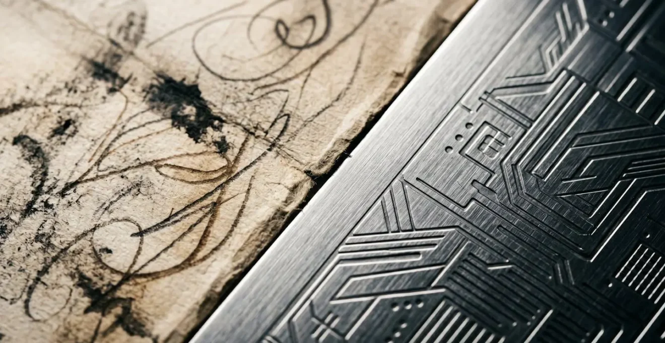 Macro close-up showing the tactile contrast between analog intuition and digital precision in retail decision-making