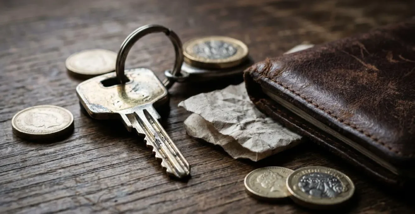 Extreme close-up of car keys next to fuel receipt and mileage logbook on wooden surface