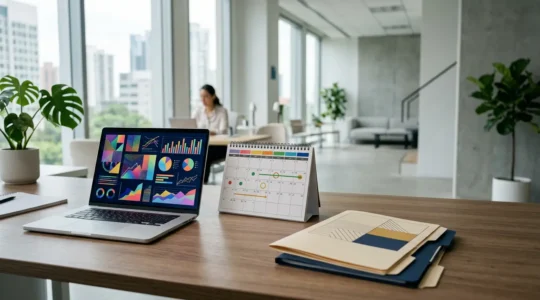 Professional workspace showing organized tax documents and digital filing system for corporate income tax preparation