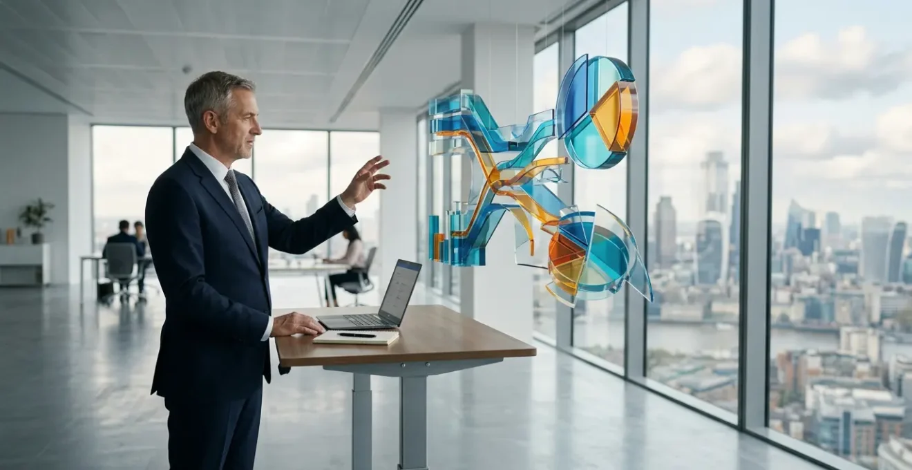 Executive analyzing financial ROI data on holographic displays in modern office