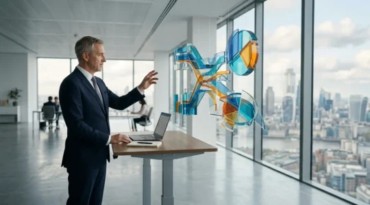 Executive analyzing financial ROI data on holographic displays in modern office