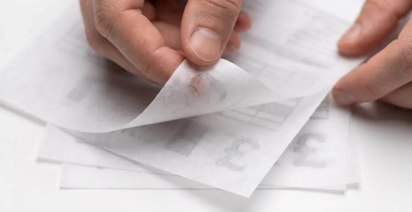 Close-up of hands organizing financial documents for digital transformation
