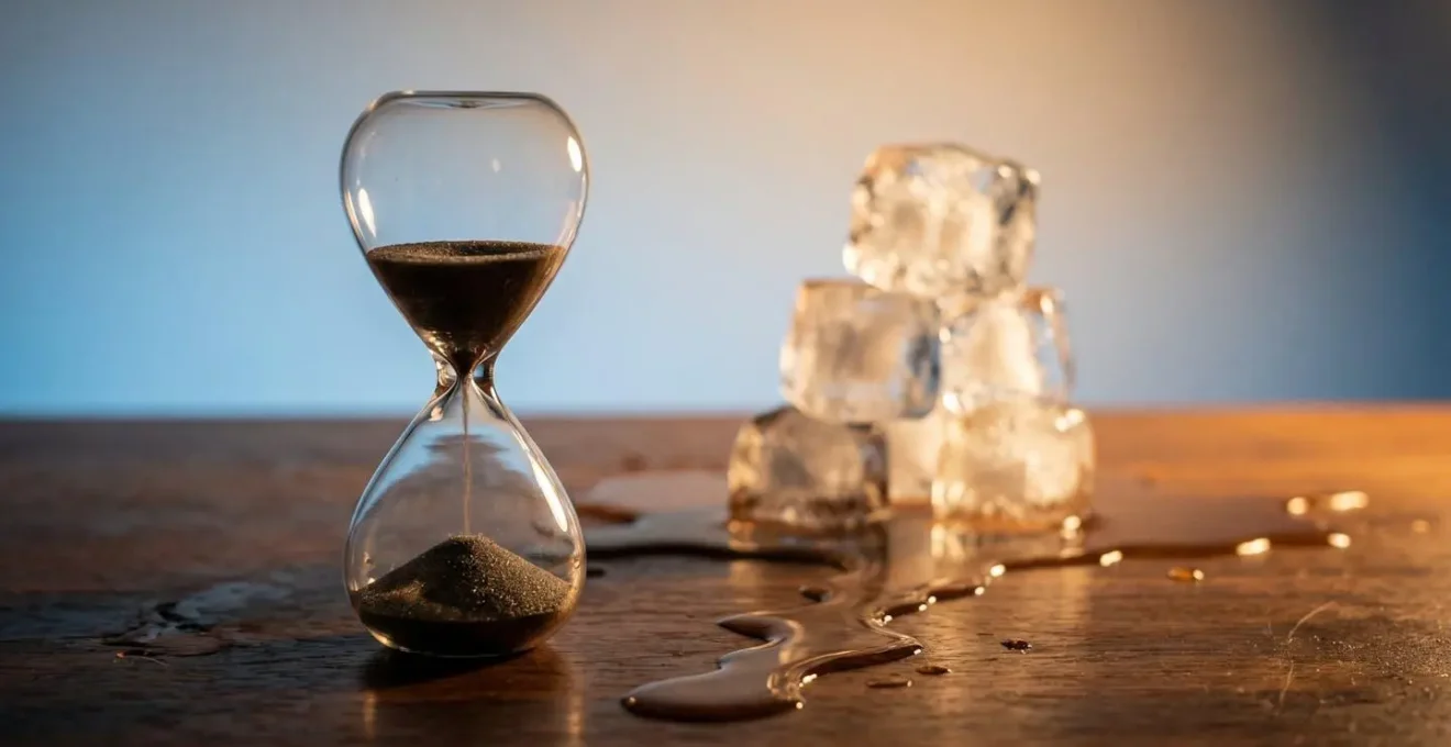 A glass hourglass next to melting ice cubes, symbolizing the compounding effect of unresolved accounting errors over time.