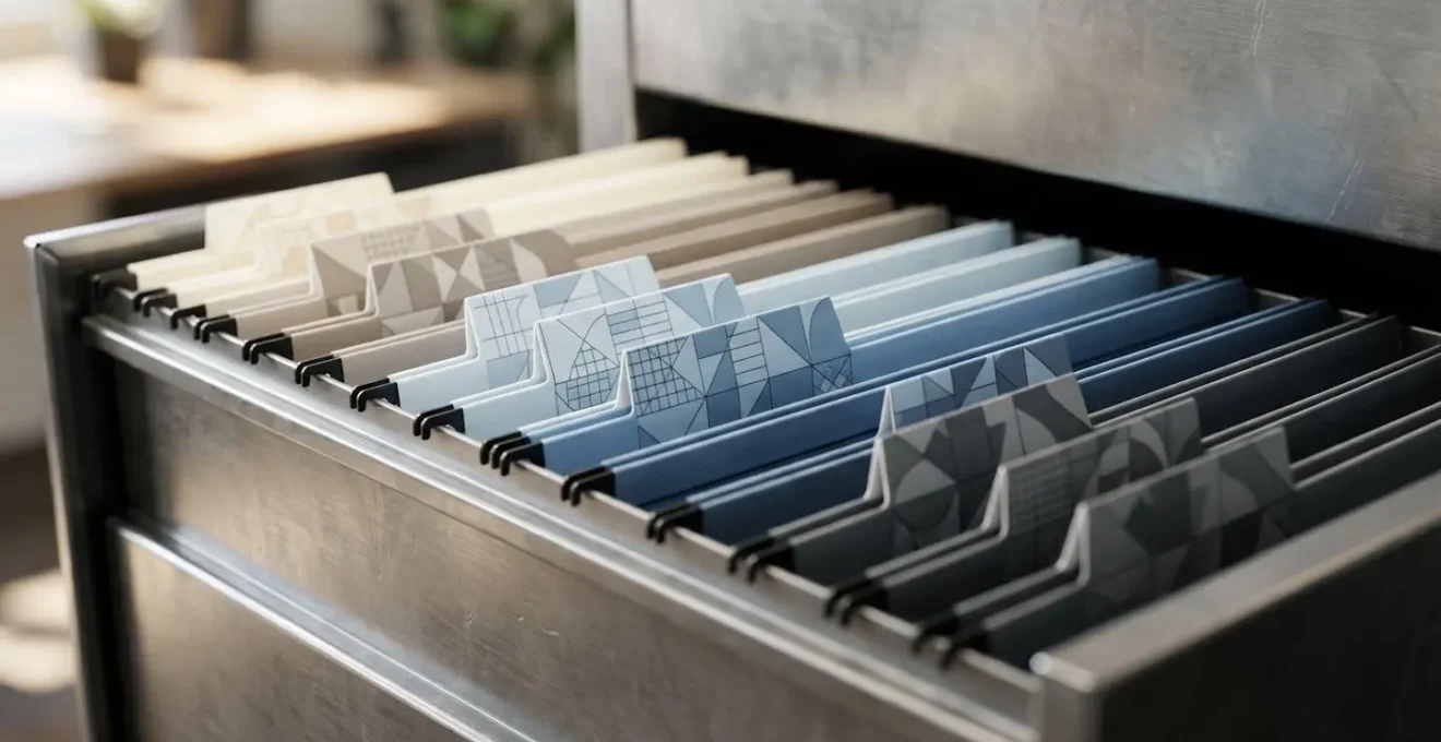 Close-up macro view of organized digital filing system with structured folders