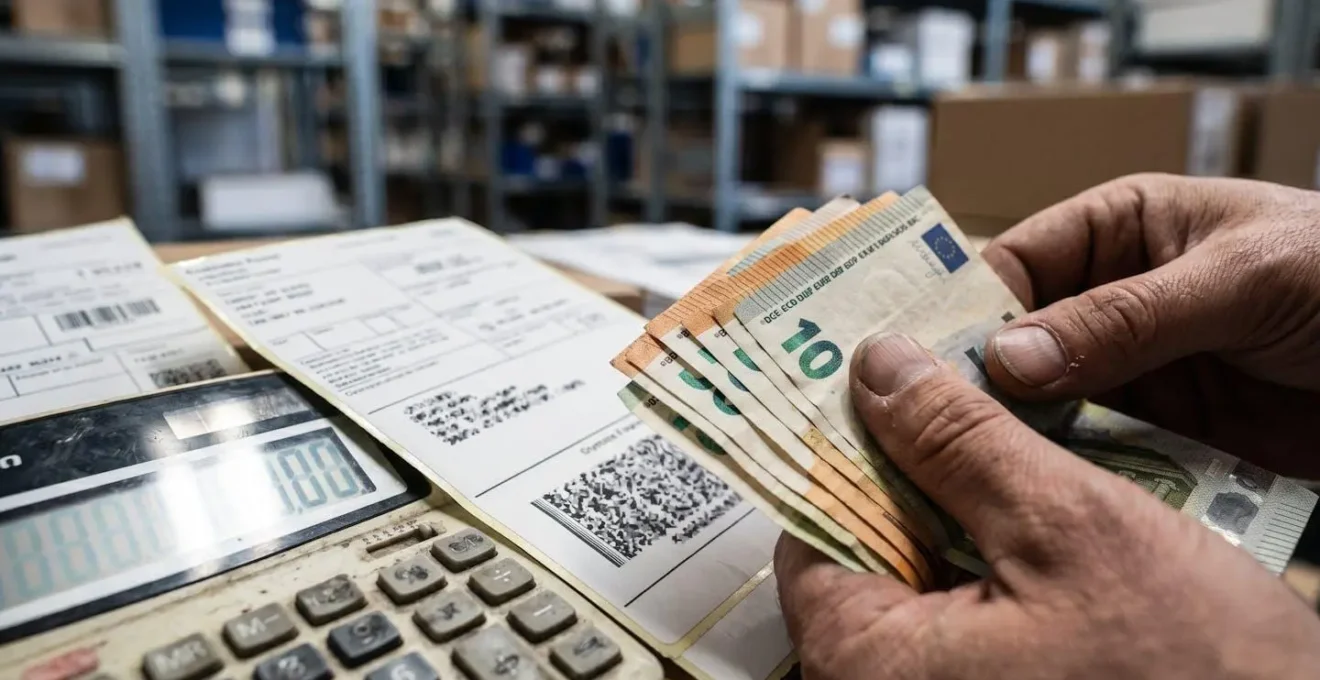Close-up of hands calculating complex VAT rates with European currency and shipping documents