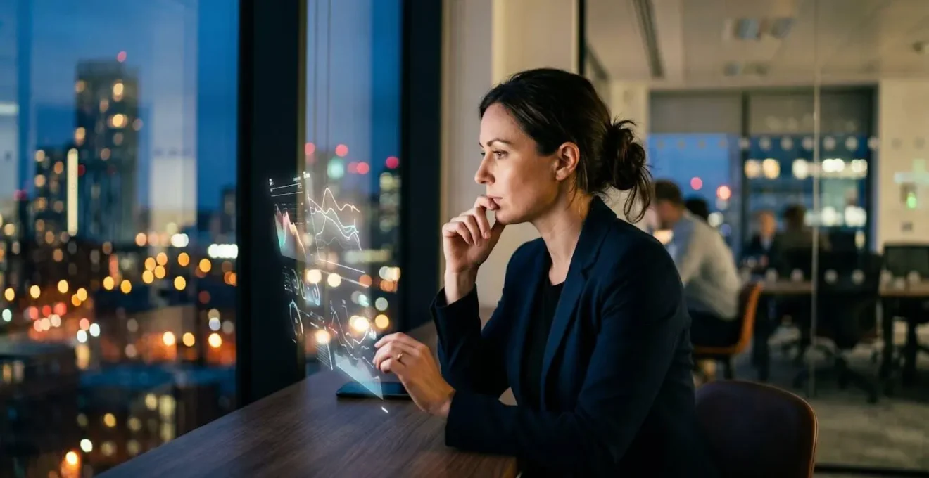 Business leader analyzing multiple financial dashboards in modern UK office
