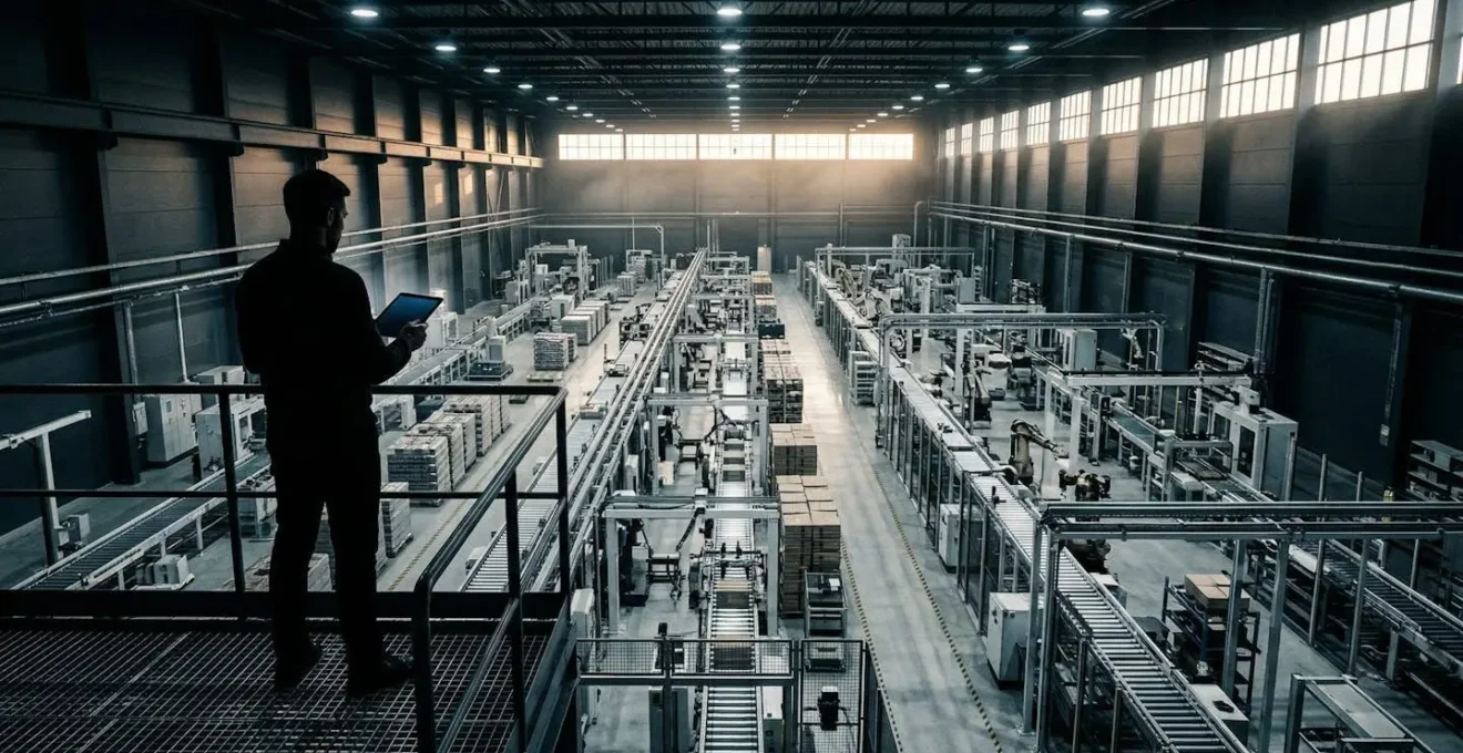 Manufacturing facility floor showing financial risk assessment and operational monitoring systems