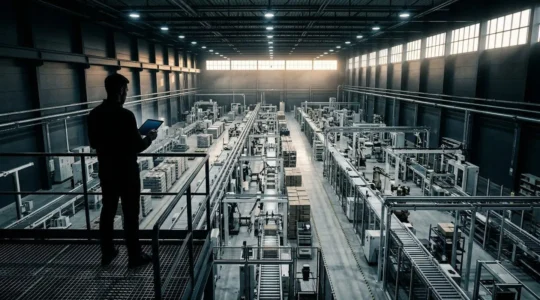 Manufacturing facility floor showing financial risk assessment and operational monitoring systems