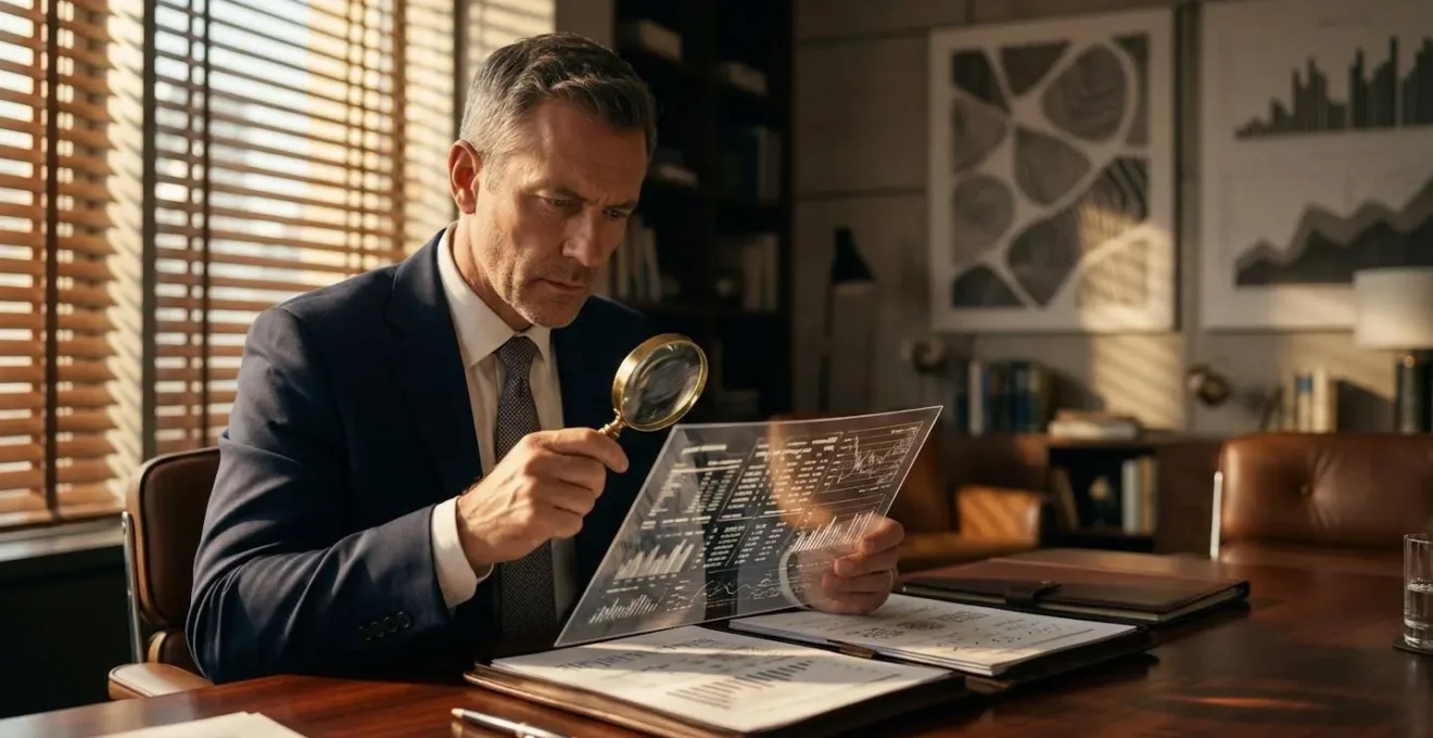 Executive analyzing complex financial documents revealing hidden balance sheet vulnerabilities