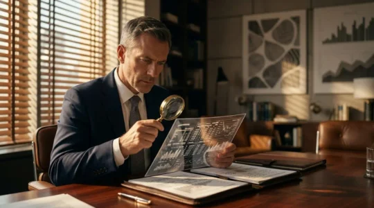Executive analyzing complex financial documents revealing hidden balance sheet vulnerabilities