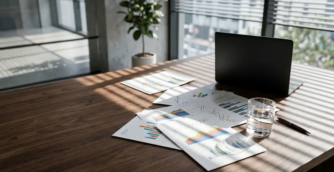 Clean modern workspace showing financial analytics and strategic planning for long-term profit visibility