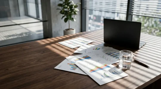 Clean modern workspace showing financial analytics and strategic planning for long-term profit visibility