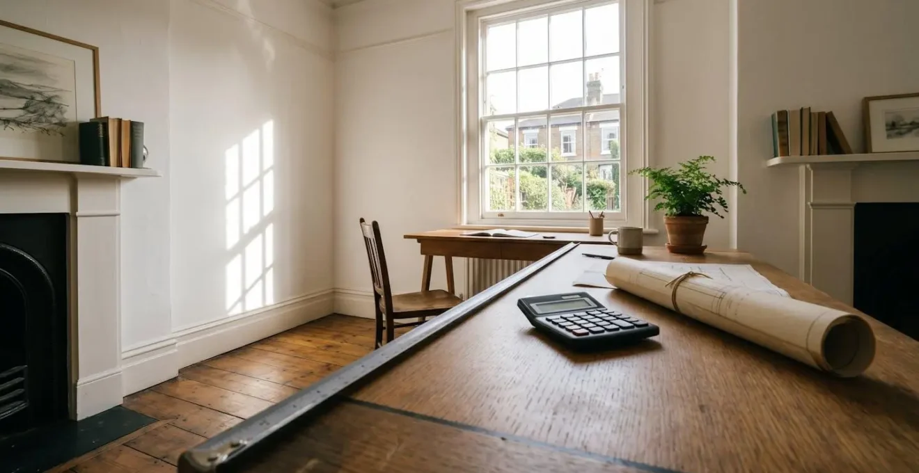 Wide angle view of a British home office with measuring tape on floor and calculator on desk showing expense calculations