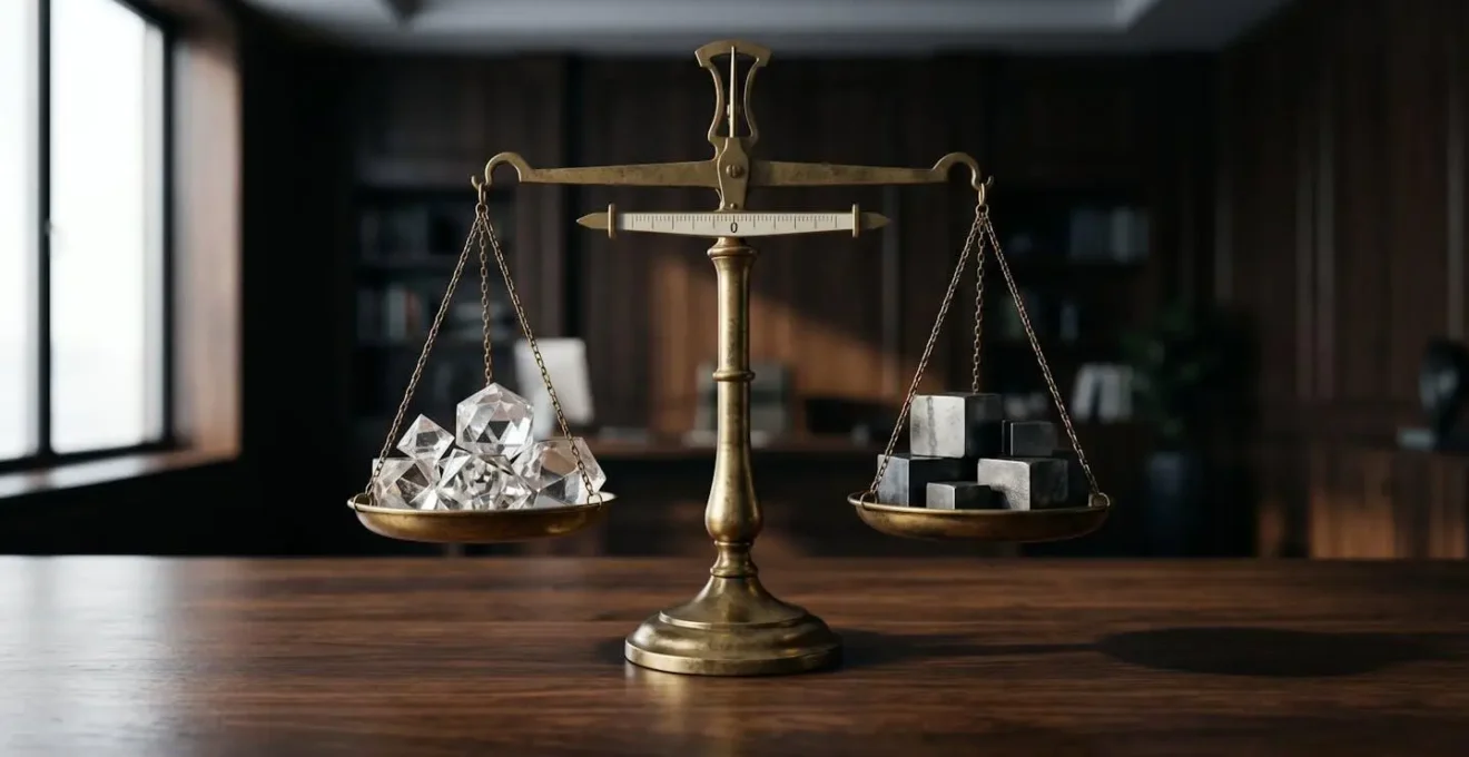 Balance scale with abstract geometric shapes representing debt and equity