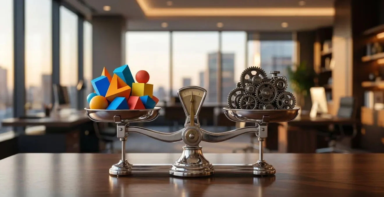 Executive weighing budget decisions between marketing and R&D departments