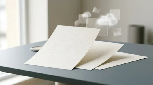 Professional editorial photograph showing hands working with financial documents and currency symbols in a modern cloud accounting environment