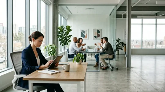 Professional office environment showing automated payroll tax management system in action