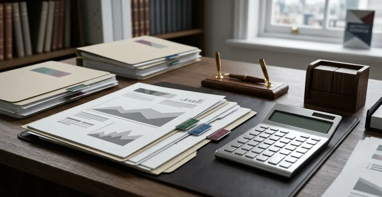 Professional business owner reviewing financial documents with calculator and tax provision planning materials on desk