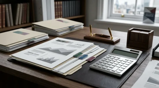 Professional business owner reviewing financial documents with calculator and tax provision planning materials on desk