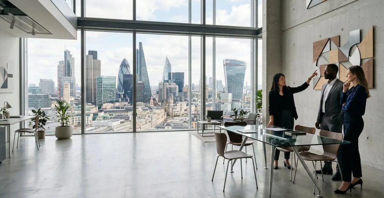 Business leaders analyzing financial dashboards in modern London office