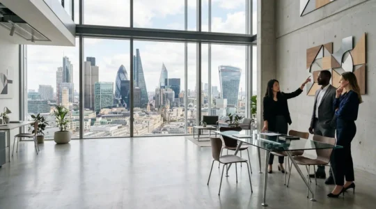 Business leaders analyzing financial dashboards in modern London office