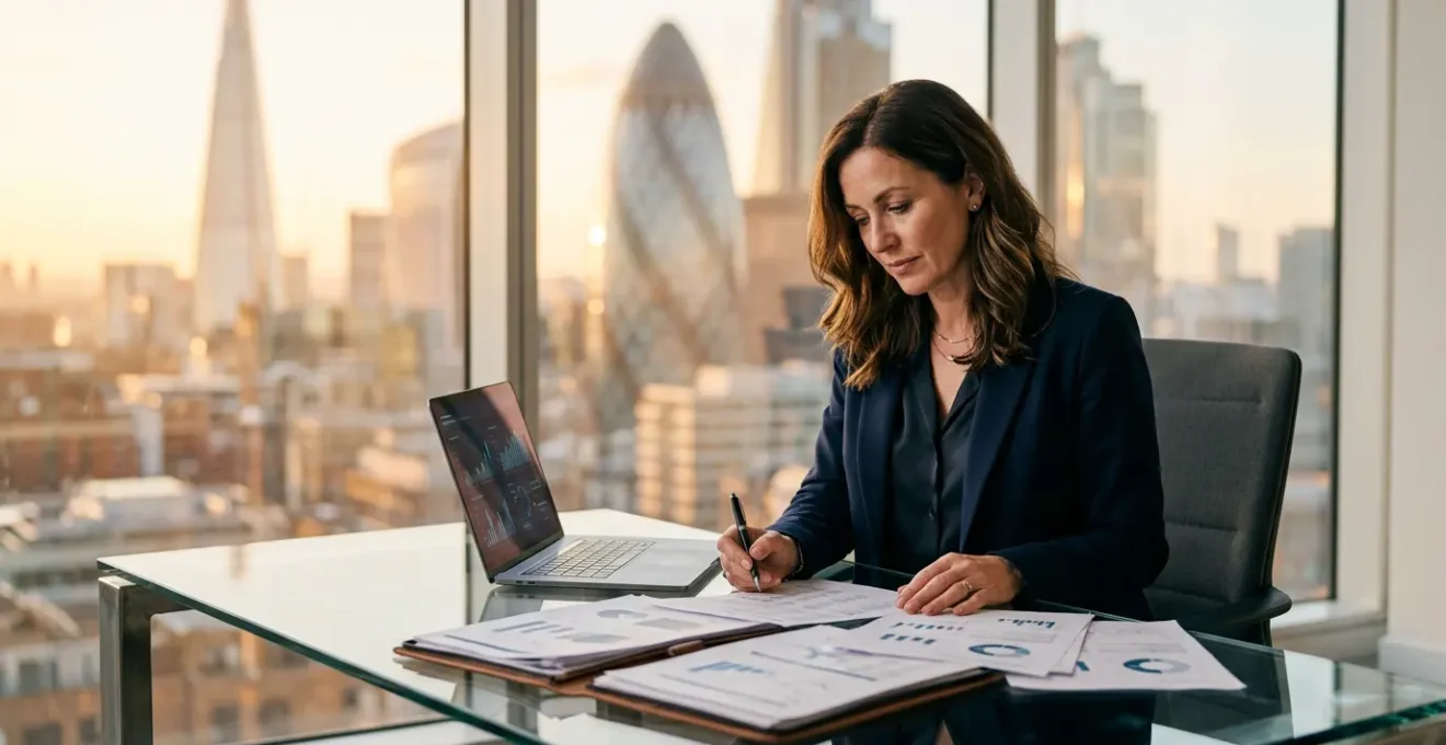 Professional UK business founder reviewing financial documents in modern office with London skyline