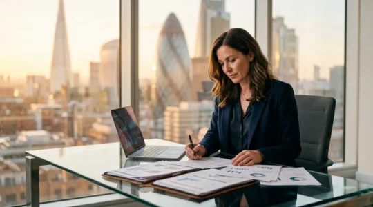 Professional UK business founder reviewing financial documents in modern office with London skyline