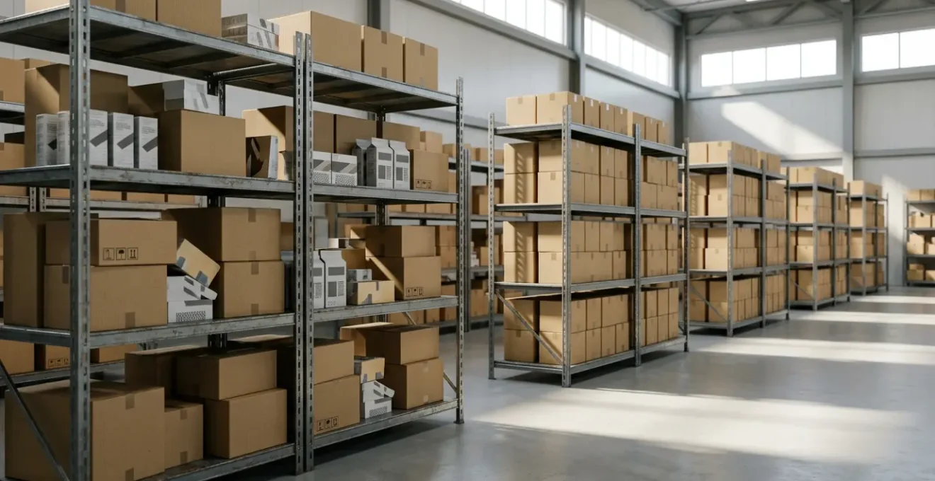 Close-up of warehouse inventory with soft directional lighting revealing product details and texture in a UK distribution center