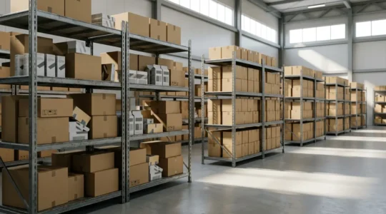 Close-up of warehouse inventory with soft directional lighting revealing product details and texture in a UK distribution center