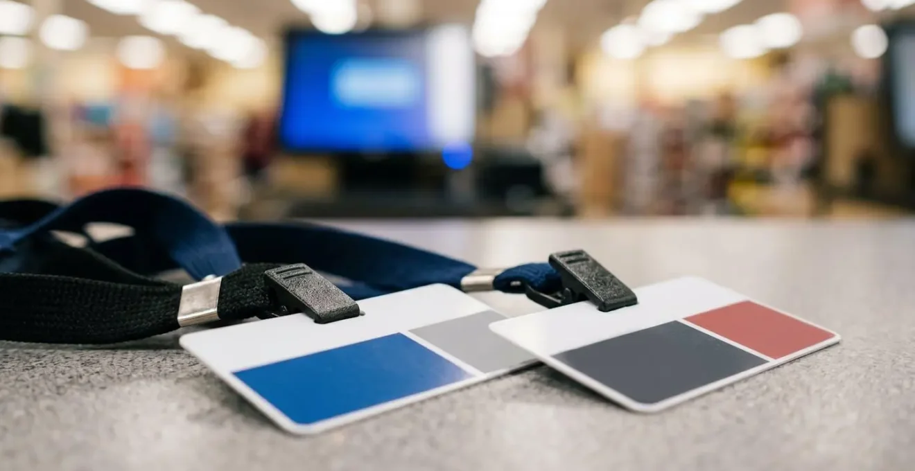Close-up detail of retail security protocols being bypassed through informal workplace practices
