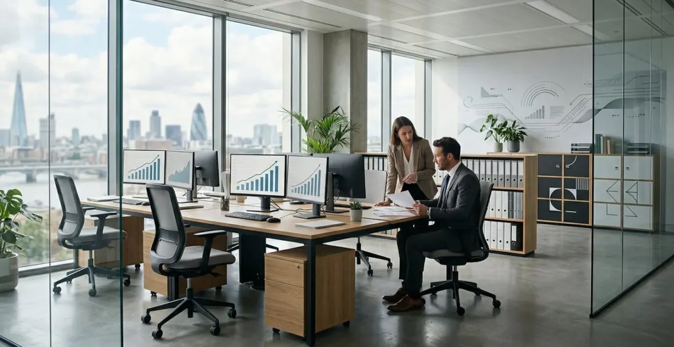 Professional UK agency office showing financial growth through organized bookkeeping systems
