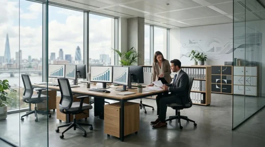 Professional UK agency office showing financial growth through organized bookkeeping systems
