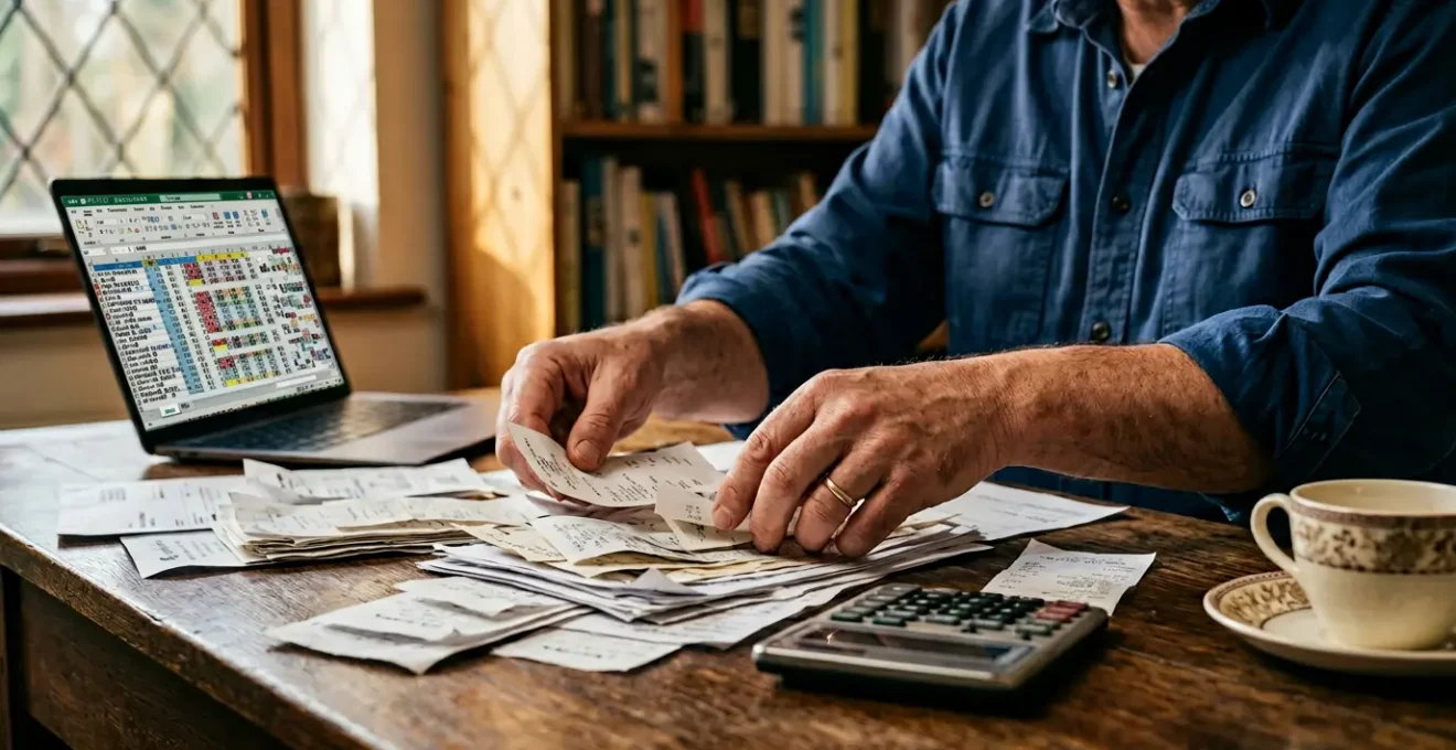 UK contractor carefully examining financial documents and receipts at their home office desk with calculator and laptop