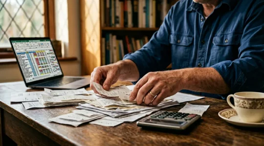 UK contractor carefully examining financial documents and receipts at their home office desk with calculator and laptop