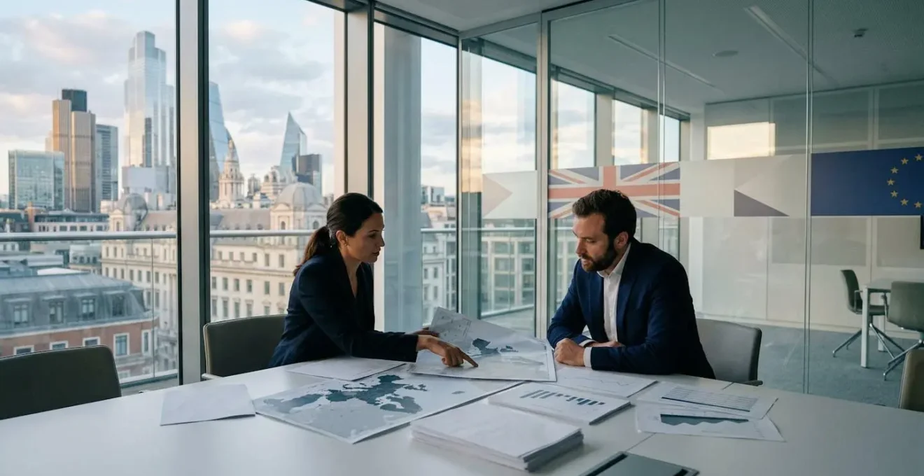 Professional business meeting showing UK and EU tax advisors analyzing cross-border regulations in modern office
