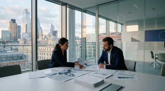 Professional business meeting showing UK and EU tax advisors analyzing cross-border regulations in modern office