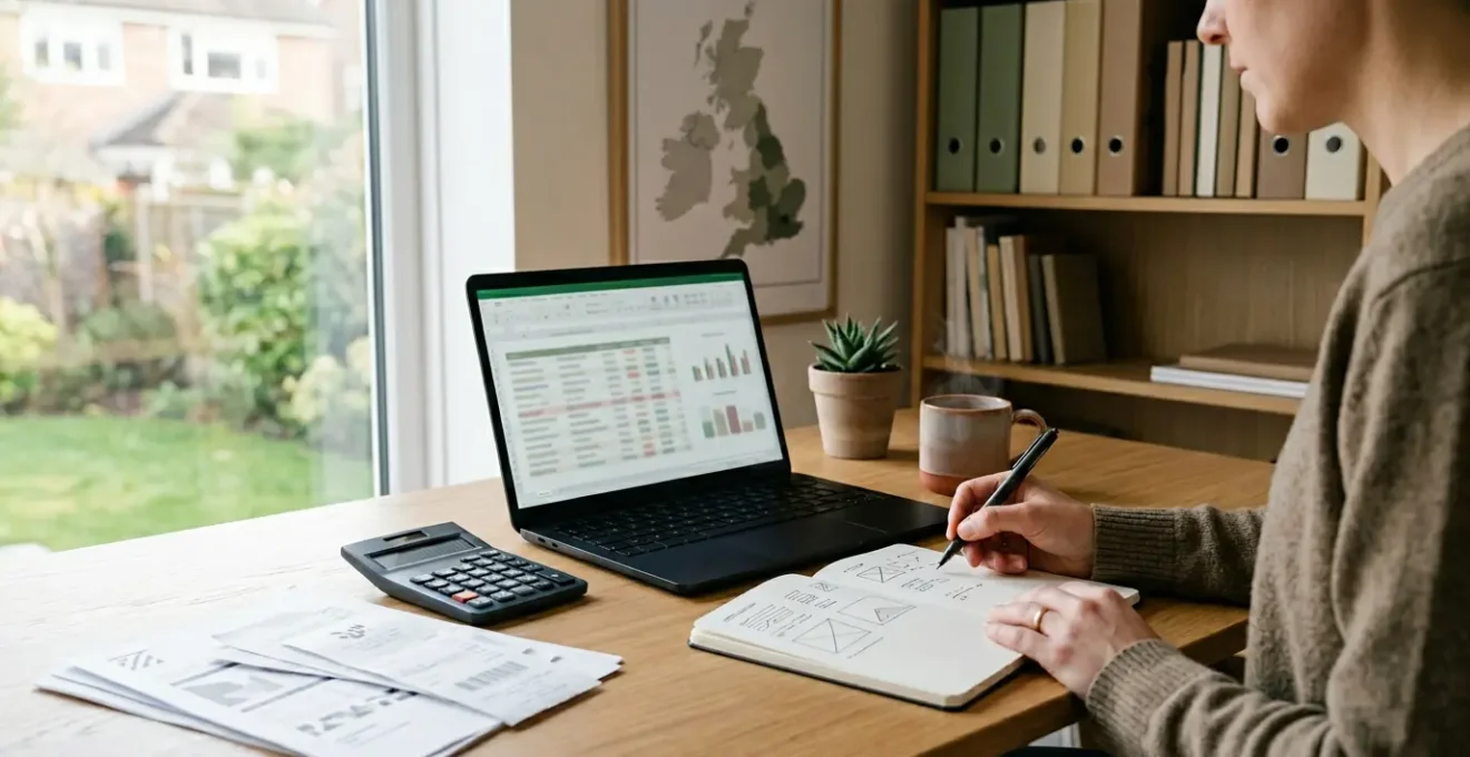 UK freelancer reviewing HMRC tax documents and receipts in home office