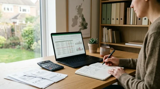 UK freelancer reviewing HMRC tax documents and receipts in home office