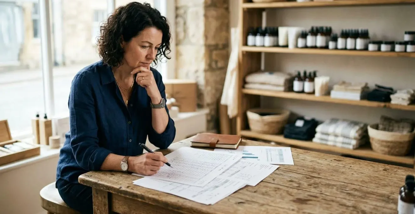 UK retail business owner analyzing VAT scheme options with financial documents and calculator