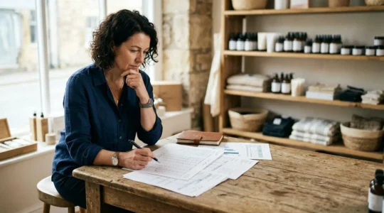 UK retail business owner analyzing VAT scheme options with financial documents and calculator