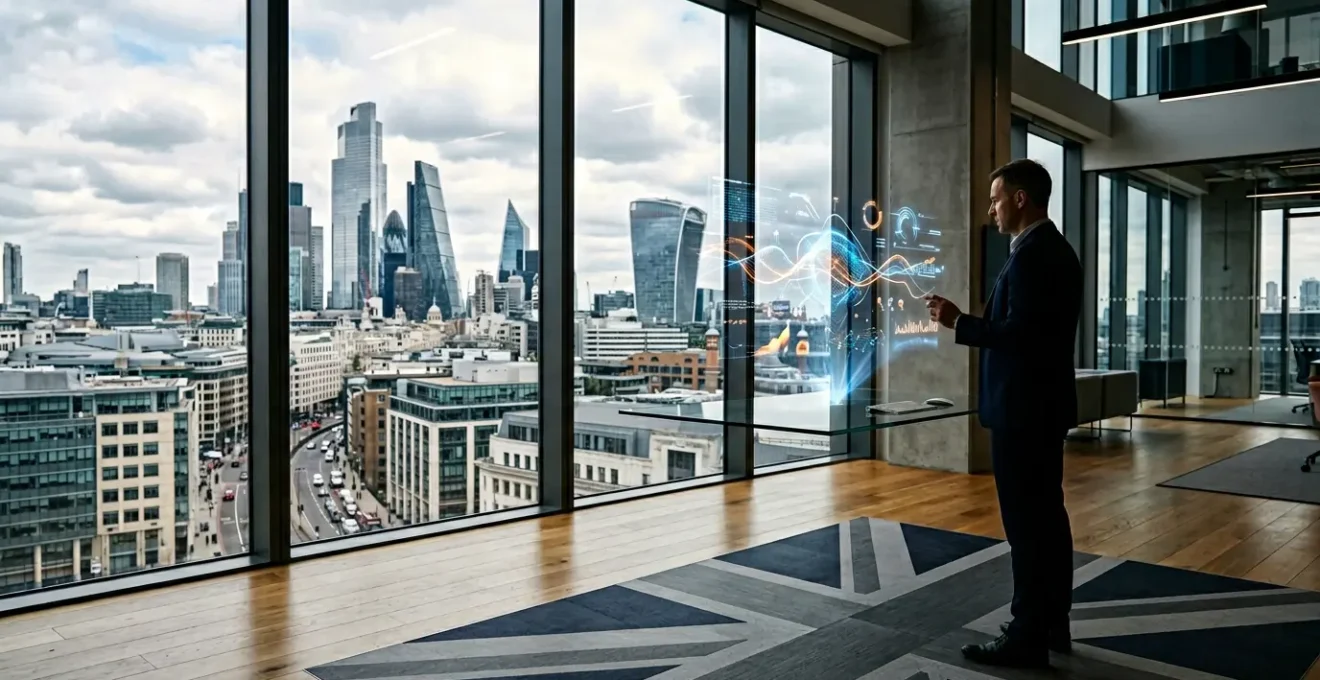 Executive in a modern UK tech office reviewing financial analytics on multiple displays