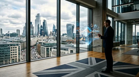 Executive in a modern UK tech office reviewing financial analytics on multiple displays
