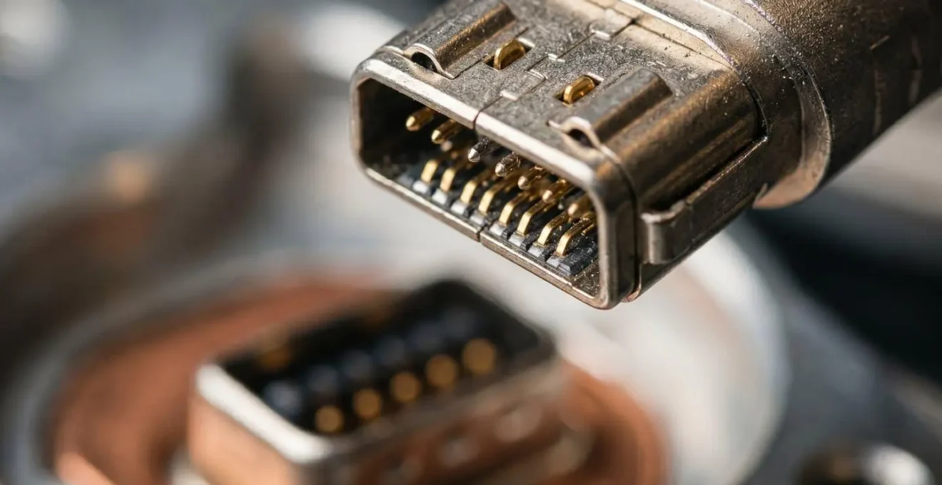 Extreme close-up of a disconnected electrical connector, symbolizing a silent API failure in an accounting system.
